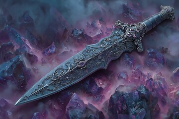 Ornate dagger on ethereal crystal landscape
