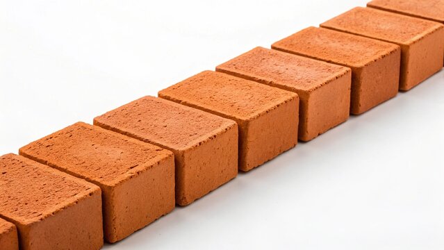 Close-up view of a line of red bricks, highlighting their rough texture and consistent color, set against a clean white background, perfect for themes of construction, material science