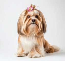 Adorable small fluffy dog with flower hair accessory sitting against white background.