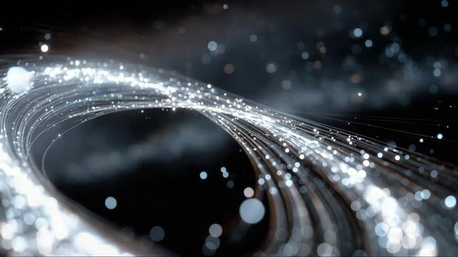 Elliptical silver tech ring spinning in clean dark space, emitting glowing data particles, minimalistic futuristic interface element