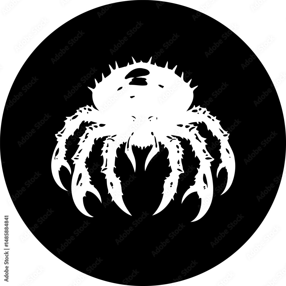 Poster stylized crab illustration in monochromatic design within a circular frame