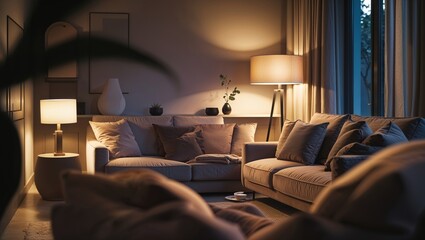 Cozy Living Room with Soft Lighting and Elegant Decor for a Warm and Inviting Atmosphere