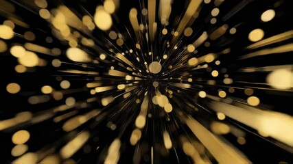 Explosion of Gold Dots into the camera in slow motion on an isolated black background