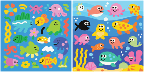Collections of colorful vector, stylized sea creatures and underwater elements are presented in a cheerful graphic style on blue backgrounds.