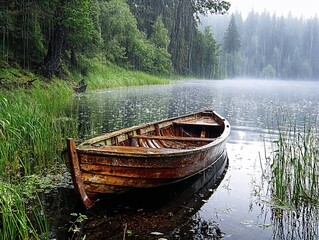 Abandoned wooden boat floating on a misty lake surrounded by trees  