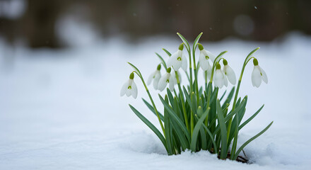 Galanthus nivalis, Winter, Spring, Snowdrops Emerging from the Snow