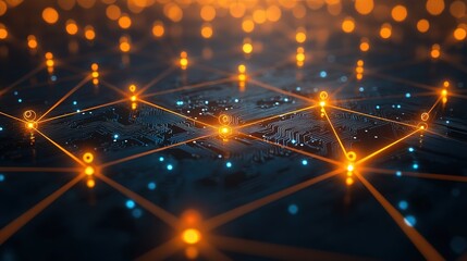 Abstract glowing circuit board network, futuristic technology design with vibrant neon lines, digital connections, high-tech electronic background, innovative system concept, 32k Resolution