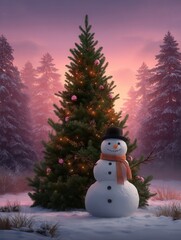 Obraz premium Digital illustration of a snowman by a Christmas tree in a winter wonderland.