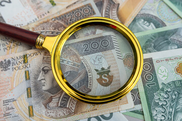 magnifying glass with polish zloty, national money. Business concept a