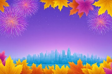 Obraz premium A colorful vector scene of a city square with fireworks and maple leaves falling