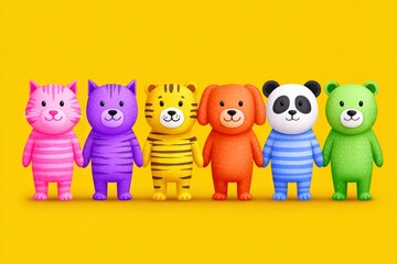 A colorful illustration of animals like cats, dogs, pandas, and penguins holding hands