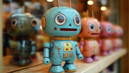 Naklejka premium Close-up of a vintage style blue toy robot with large eyes and antennae standing on a wooden surface with two similar pink robots blurred in the background