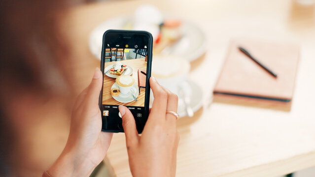 Phone screen, hands and photography of breakfast, cafe or recommendation for restaurant on website. Coffee shop, influencer and person with mobile for picture, above or review of food on social media