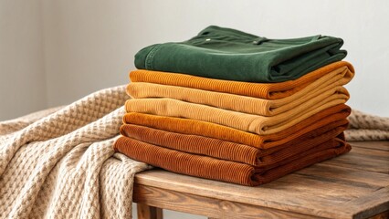 A stack of neatly folded corduroy trousers or pants in warm autumnal colors, ranging from dark green to brown, is placed on a textured wooden surface beside a beige knitted blanket