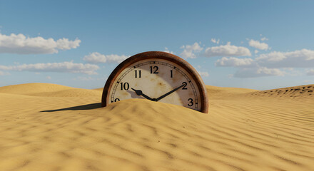 Clock, Sand, Dunes, Time Running Out in the Desert