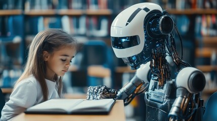 Fototapeta premium girl reading with robot in library