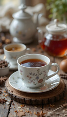 Teatime Still Life with Floral Cup on Wooden Serving Board with Spices