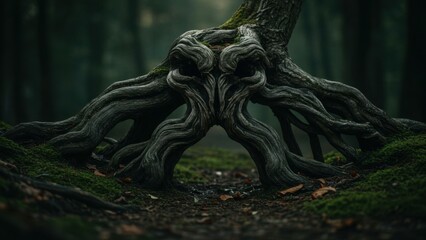Obraz premium Gnarled tree roots in a dark, mossy forest