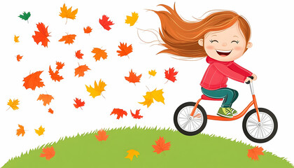 A smiling girl rides a bike on a grass hill amidst falling leaves, with wind blowing through her hair in a colorful fall scene