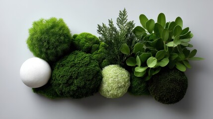 Arrangement of lush green and white moss and plants.