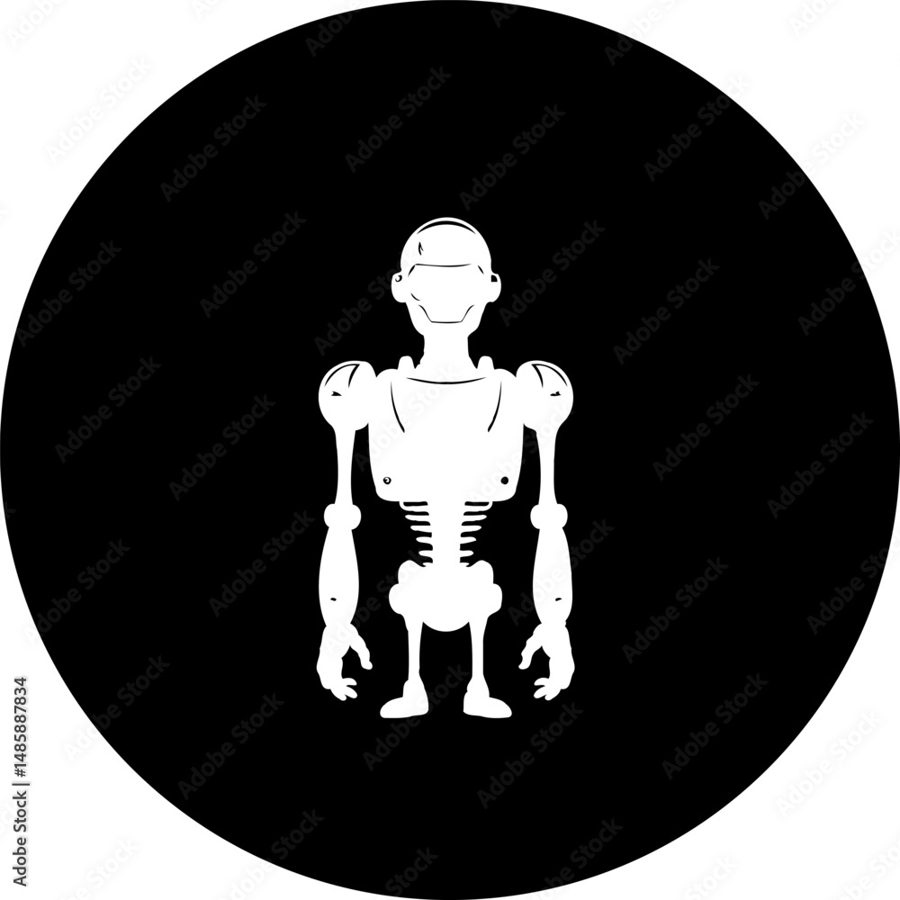 Poster monochromatic depiction of an android figure on a solid circular backdrop