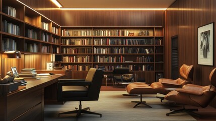 luxurious home office with extensive book collection and modern