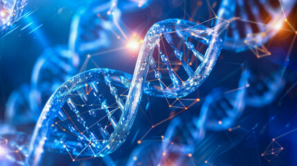 Abstract 3D visualization of a glowing DNA double helix structure, representing biotechnology and genetic science on a futuristic blue background