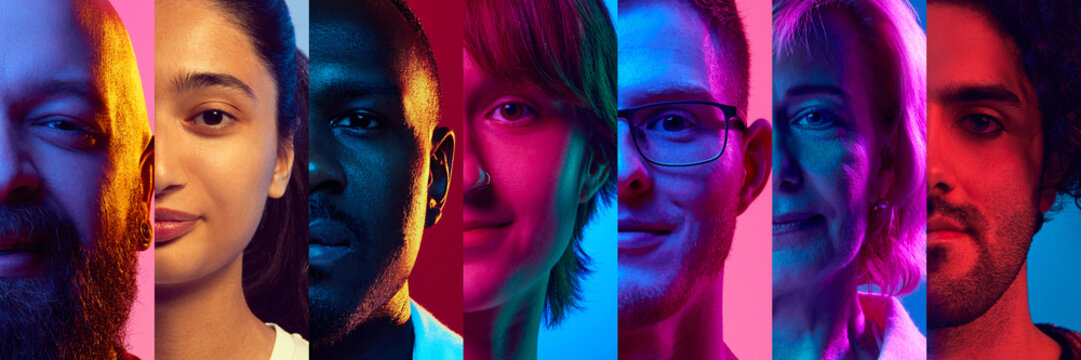 Collage of diverse half faces of people under neon light against colored backgrounds. Various apparent ethnicities and genders are represented. Concept of human diversity, equality, identity, neon.