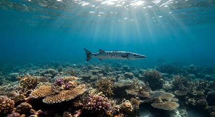 Obraz premium Barracuda Swimming Near a Coral Reef