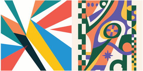 Two abstract vector graphic compositions are presented side-by-side, featuring sharp geometric shapes and fluid organic patterns in vibrant colors.
