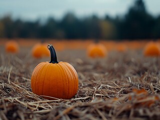 Orange pumpkins lying on a straw-covered field, rich autumn colors and textures