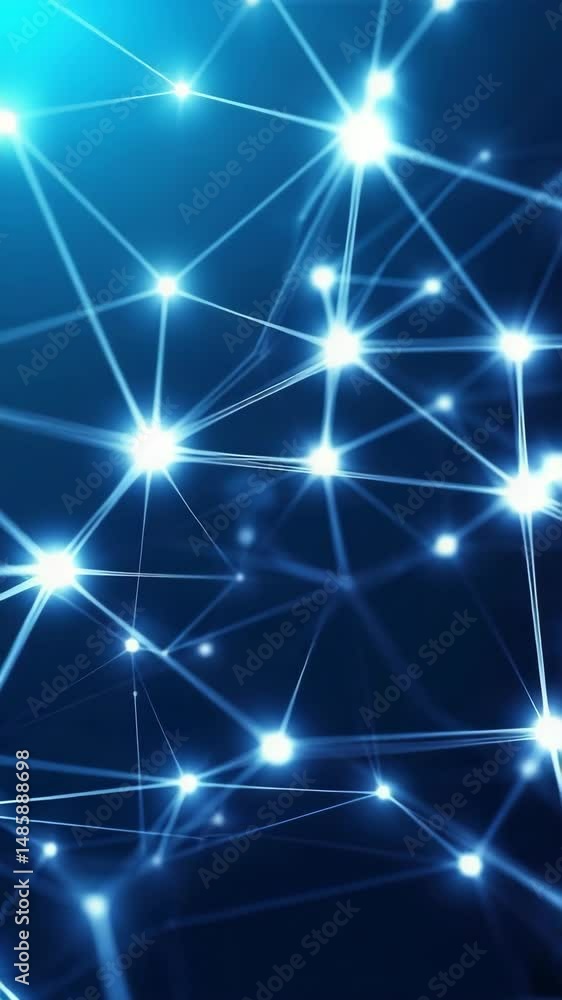 Poster blue glowing network nodes connected by lines in digital cyberspace background animation