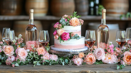 Bachelorette party table setup with pink accents, wine, flowers, and a themed cake
