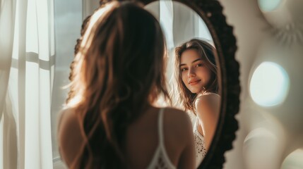 A young woman looking at herself in a mirror, smiling with self-assurance.