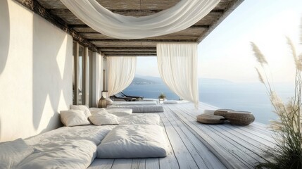 serene coastal terrace with luxurious daybeds and ocean view