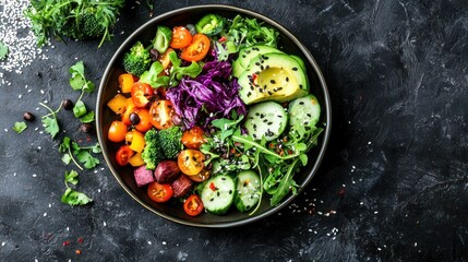 A vibrant salad bowl filled with a colorful mix of vegetables, including tomatoes, cucumbers, red cabbage, and avocado, set against a dark, textured background.