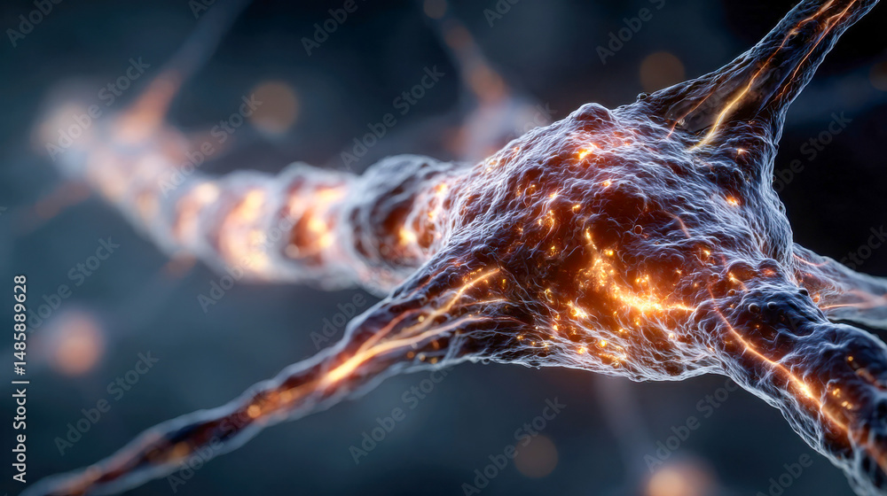 Poster abstract visualization of neural connections with golden sparks and web-like blue fibers, representi