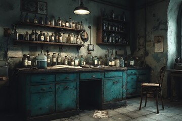 Vintage lab with bottles on shelves