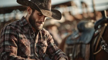 Fototapeta premium Focused Cowboy Prepares His Horse for Rodeo Action at Calgary Stampede Western Arena Grounds