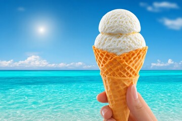A hand holding a triple-scoop ice cream cone on a sunny beach
