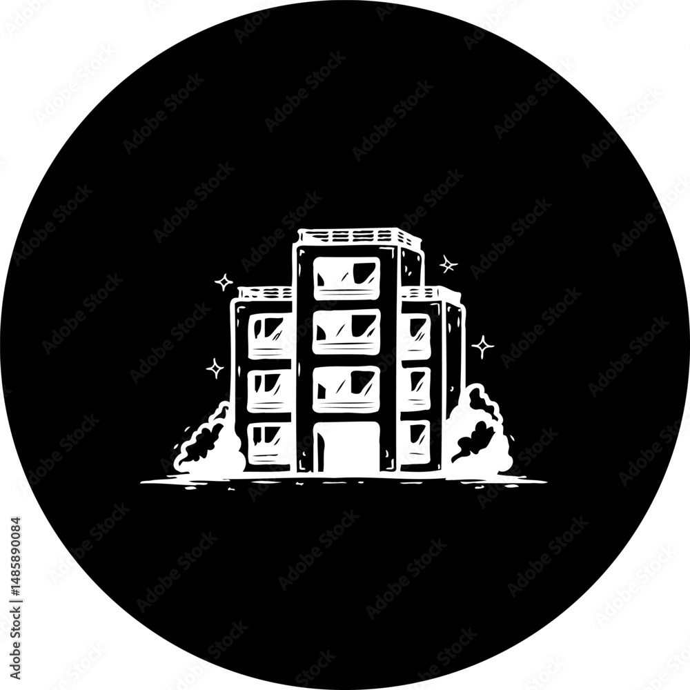 Poster monochromatic building illustration with surreal sparkle effect in circular frame