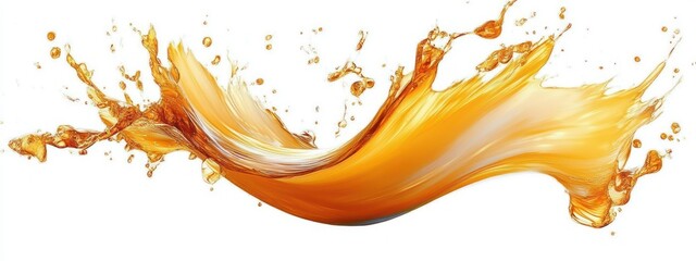 Dynamic splash of golden liquid with smooth flow and droplets captured against a white background conveying energy and motion