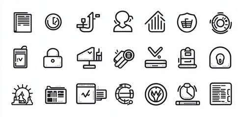 Fototapeta premium Set of twenty black thin line financial and business icons including documents, clock, chart, lock, key, shopping cart, timer, notebook, and communication elements on white background