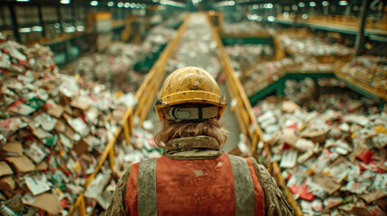 Naklejka premium Back view of a worker in a safety vest and helmet standing in a recycling plant, facing mountains of compressed paper waste on conveyor belts