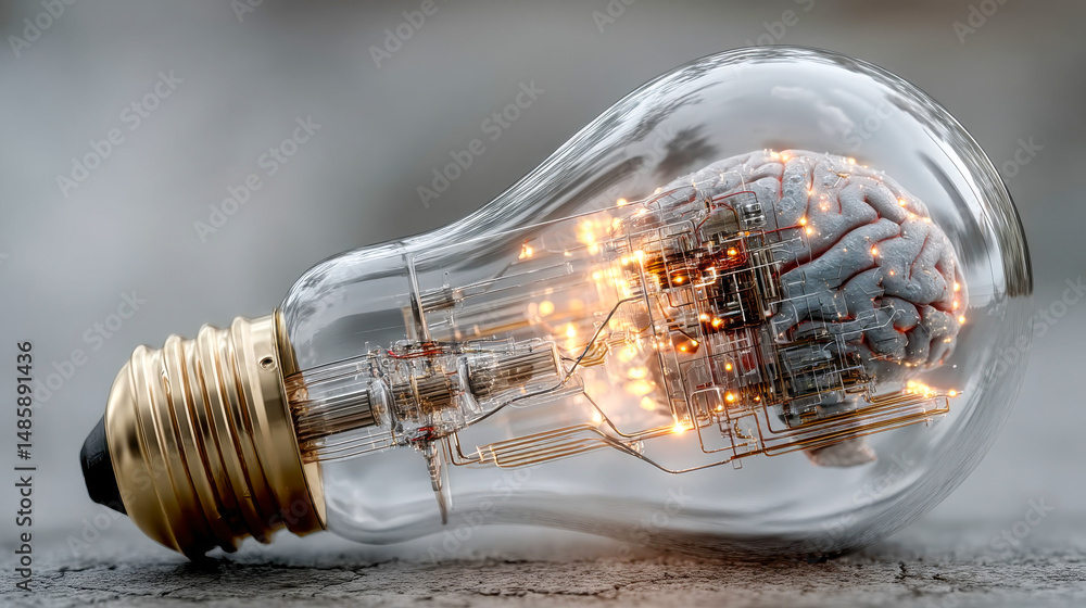 Poster transparent light bulb containing a human brain and intricate circuit elements, glowing with orange 