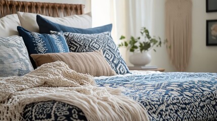 Cozy bedroom with patterned bedding (1)
