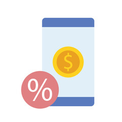 Mobile payment and discount concept. A smartphone displays a gold coin with a dollar sig