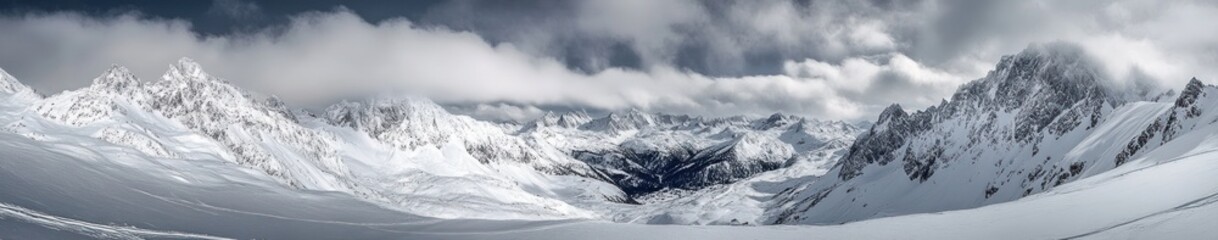 Obraz premium Panoramic view of a snow-covered mountain range under dramatic cloudy sky with rugged peaks and expansive snowy slopes