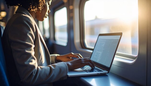 Woman Typing on Laptop Computer on Train