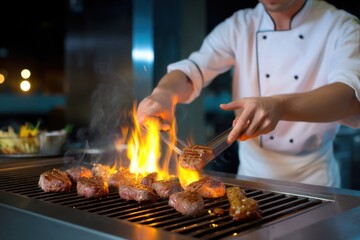 Chef flipping meat on hot BBQ grill, flames underneath